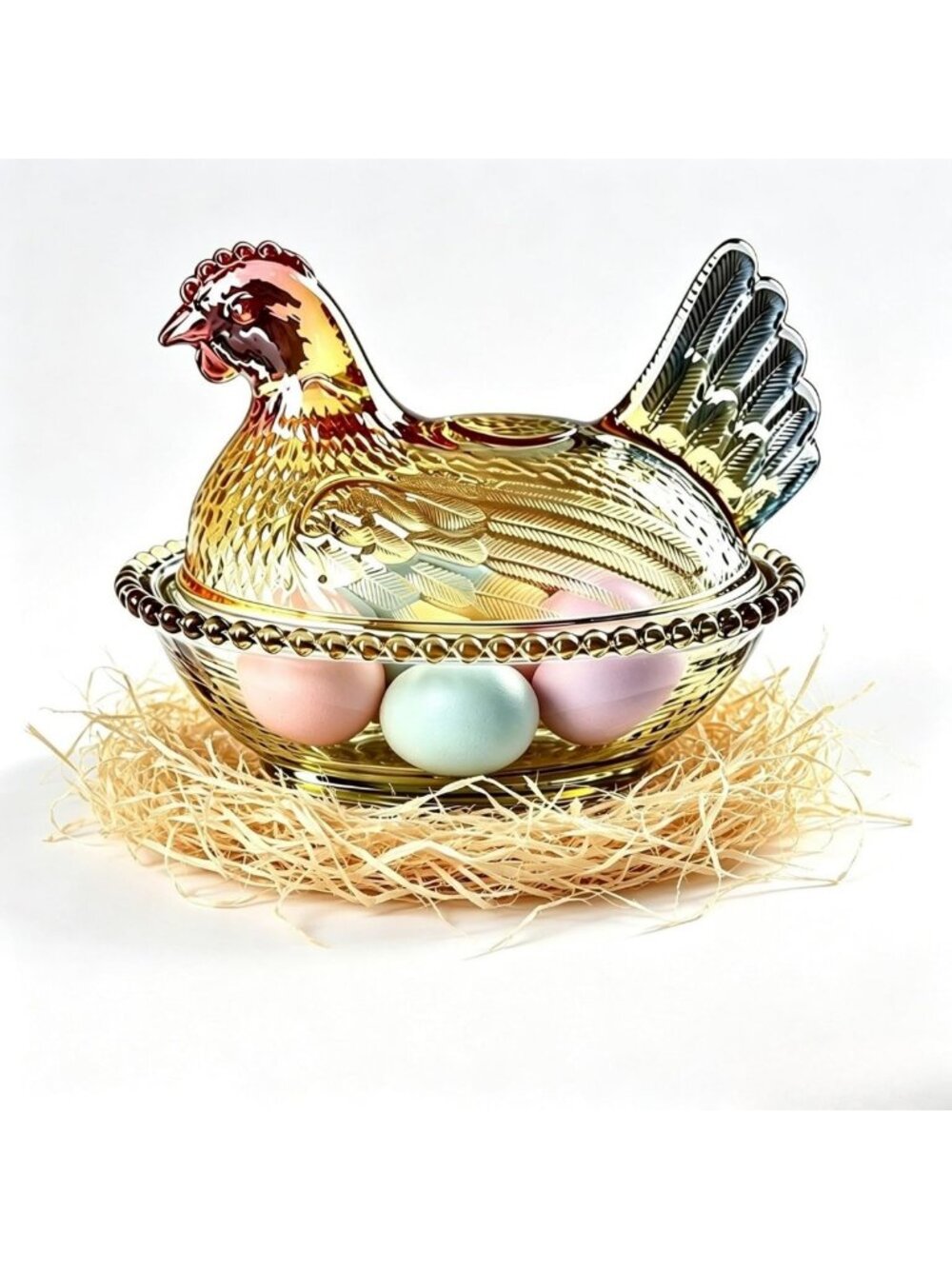 Vintage Glass Hen on Nest Candy Dish, Decorative Chicken Bowl, Beaded Rim, Amber